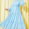 Tiered Chiffon Dress with Belt Blue