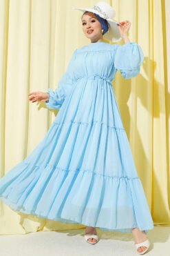Tiered Chiffon Dress with Belt Blue