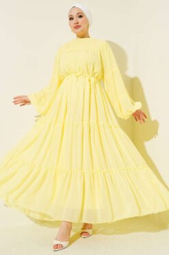 Tiered Chiffon Dress with Belt Yellow