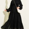 Tiered Chiffon Dress with Belt Black