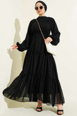 Tiered Chiffon Dress with Belt Black