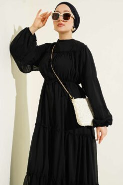 Alternative Ansicht von Tiered Chiffon Dress with Belt Black