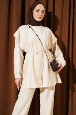 منظر بديل لـ Belted Ruffled Shoulder Two-Piece Set Beige
