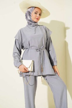 منظر بديل لـ Belted Ruffled Shoulder Two-Piece Set Grey