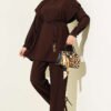 Belted Ruffled Shoulder Two-Piece Set Brown
