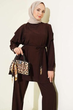 منظر بديل لـ Belted Ruffled Shoulder Two-Piece Set Brown