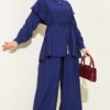 Belted Ruffled Shoulder Two-Piece Set Navy Blue