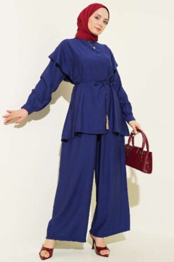 Belted Ruffled Shoulder Two-Piece Set Navy Blue