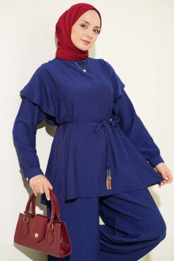 منظر بديل لـ Belted Ruffled Shoulder Two-Piece Set Navy Blue