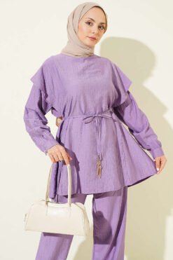منظر بديل لـ Belted Ruffled Shoulder Two-Piece Set Lilac