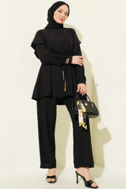 Belted Ruffled Shoulder Two-Piece Set Black