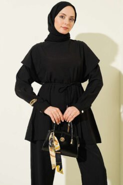 منظر بديل لـ Belted Ruffled Shoulder Two-Piece Set Black
