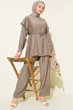 Belted Ruffled Shoulder Two-Piece Set Mink