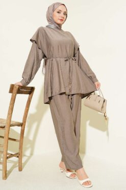 منظر بديل لـ Belted Ruffled Shoulder Two-Piece Set Mink