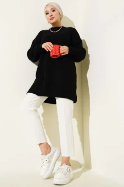 Alternatieve weergave van Striped Diamond Pattern Knit Tunic Black