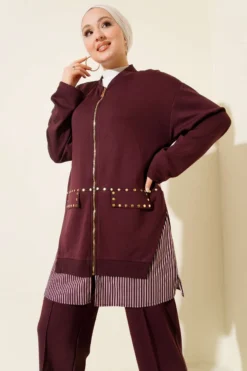 Alternative view of Striped Panel Stud Detail Two-Piece Set Plum