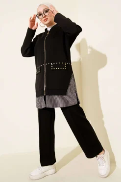 Striped Panel Stud Detail Two-Piece Set Black