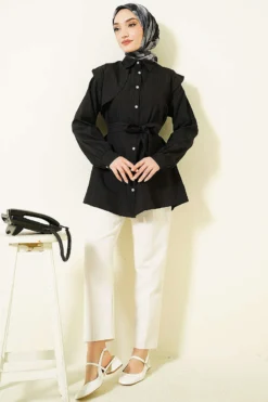 منظر بديل لـ Textured Line Embossed Stone Button Shirt Black