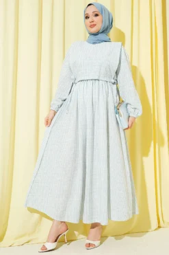 Striped Elastic Waist Sweater Detailed Dress Baby Blue
