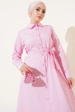 Striped Belted Button Dress Pink wholesale dress view 2 - Hicabistan Turkey factory