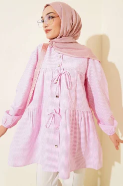 Striped Double Tie Front Shirt Pink