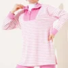 Striped Half-Zip Collar Two-Piece Set Pink wholesale clothing set view 2 - Hicabistan Turkey factory