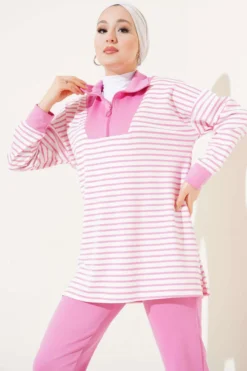 Alternative view of Striped Half-Zip Collar Two-Piece Set Pink