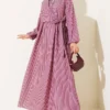 Striped Half Button Tie Dress Burgundy