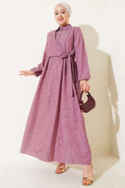 Striped Half Button Tie Dress Burgundy en gros dress - Hicabistan usine Turquie