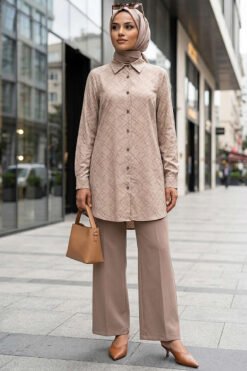 Jacquard Striped Satin Shirt Beige