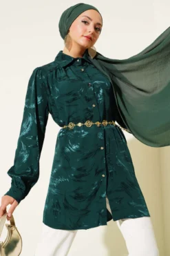 Jacquard Brush Pattern Shirt Emerald Großhandel shirt - Hicabistan Türkei Fabrik