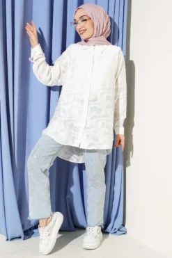 Alternative Ansicht von Jacquard Fringed Detail Shirt Ecru