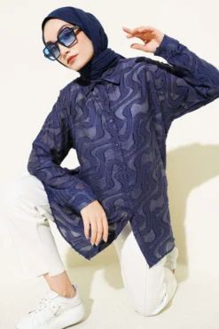 Jacquard Fringed Detail Shirt Navy Blue