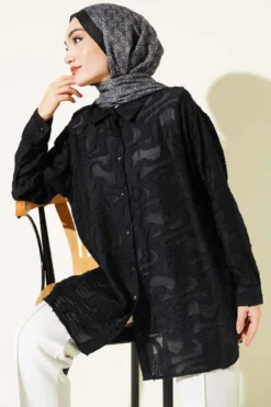 Jacquard Fringed Detail Shirt Black