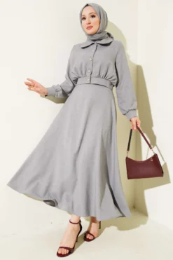 Short Jacket with Buttoned Skirt Two-Piece Set Grey