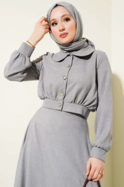 Alternative view of Short Jacket with Buttoned Skirt Two-Piece Set Grey
