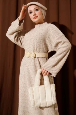 Textured Knit Dress Beige wholesale dress view 2 - Hicabistan Turkey factory
