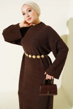 Textured Knit Dress Brown wholesale dress view 2 - Hicabistan Turkey factory