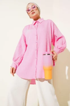 Embossed Striped Basic Shirt Pink all'ingrosso shirt - Hicabistan fabbrica Turchia