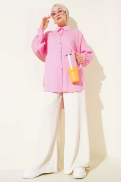 Embossed Striped Basic Shirt Pink all'ingrosso shirt view 2 - Hicabistan fabbrica Turchia