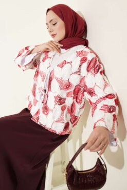 Embossed Embroidered Tied Kimono Burgundy