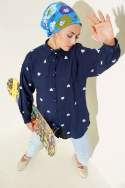 Heart Print Linen Shirt Navy Blue