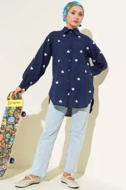Alternative view of Heart Print Linen Shirt Navy Blue
