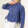 Heart Buttoned Front Gathered Short Shirt Navy Blue