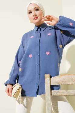 Heart Embroidered Linen Shirt Navy Blue