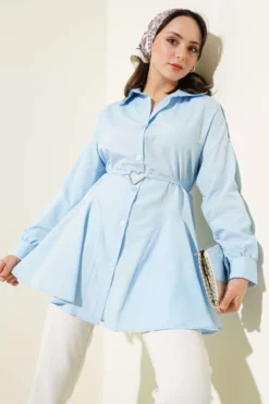 Shirt with Heart Buckle Belt Baby Blue
