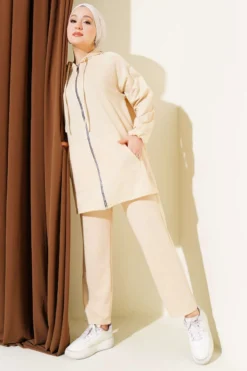 Hoodie with Pocket Zippered Two-Piece Set Beige