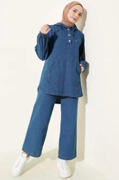 Hooded Denim Two-Piece Set Blue