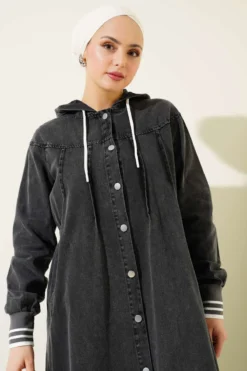 Hooded Long Buttoned Denim Dress en gros dress view 2 - Hicabistan usine Turquie