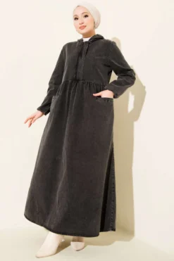 Hooded Half-Zip Denim Dress wholesale dress - Hicabistan Turkey factory